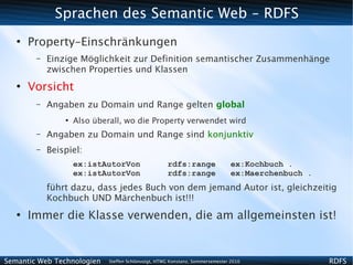 Sprachen des Semantic Web - RDFS
   ●
       Property-Einschränkungen
        –   Einzige Möglichkeit zur Definition semantischer Zusammenhänge
            zwischen Properties und Klassen
   ●
       Vorsicht
        –   Angaben zu Domain und Range gelten global
                ●
                    Also überall, wo die Property verwendet wird
        –   Angaben zu Domain und Range sind konjunktiv
        –   Beispiel:
                    ex:istAutorVon                   rdfs:range                 ex:Kochbuch .
                    ex:istAutorVon                   rdfs:range                 ex:Maerchenbuch .
            führt dazu, dass jedes Buch von dem jemand Autor ist, gleichzeitig
            Kochbuch UND Märchenbuch ist!!!
   ●
       Immer die Klasse verwenden, die am allgemeinsten ist!


Semantic Web Technologien    Steffen Schlönvoigt, HTWG Konstanz, Sommersemester 2010                RDFS
 