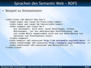 Sprachen des Semantic Web - RDFS
 ●
     Beispiel zu Annotationen:

     <rdfs:Class rdf:about=”&ex;Car”>
        <rdfs:label xml:lang=”en”>Car</rdfs:label>
        <rdfs:label xml:lang=”de”>Auto</rdfs:label>
        <rdfs:comment xml:lang=”de”>
            Ein Automobil, kurz Auto (auch Kraftwagen, früher
            Motorwagen), ist ein mehrspuriges Kraftfahrzeug, das
            von einem Motor angetrieben wird und zur Beförderung von
            Personen und Frachtgütern dient.
        </rdfs:comment>
        <rdfs:seeAlso rdf:resource=”http://de.wikipedia.org/wiki/Auto” />
        <rdfs:isDefinedBy rdf:resource=”http://example.org/vocabulary” />
        <rdfs:subClassOf rdf:resource=”&ex;MotorVehicle” />
     </rdfs:Class>




Semantic Web Technologien   Steffen Schlönvoigt, HTWG Konstanz, Sommersemester 2010   RDFS
 