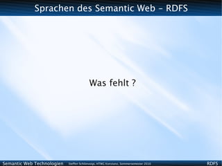 Sprachen des Semantic Web - RDFS




                                         Was fehlt ?




Semantic Web Technologien   Steffen Schlönvoigt, HTWG Konstanz, Sommersemester 2010   RDFS
 