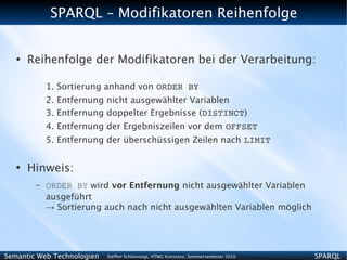 SPARQL – Modifikatoren Reihenfolge


   ●
       Reihenfolge der Modifikatoren bei der Verarbeitung:

            1. Sortierung anhand von ORDER BY
            2. Entfernung nicht ausgewählter Variablen
            3. Entfernung doppelter Ergebnisse (DISTINCT)
            4. Entfernung der Ergebniszeilen vor dem OFFSET
            5. Entfernung der überschüssigen Zeilen nach LIMIT

   ●
       Hinweis:
        –   ORDER BY wird vor Entfernung nicht ausgewählter Variablen
            ausgeführt
            → Sortierung auch nach nicht ausgewählten Variablen möglich




Semantic Web Technologien   Steffen Schlönvoigt, HTWG Konstanz, Sommersemester 2010   SPARQL
 