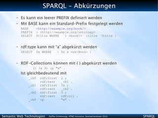 SPARQL - Abkürzungen
        –   Es kann ein leerer PREFIX definiert werden
        –   Mit BASE kann ein Standard-Prefix festgelegt werden
            BASE      <http://example.org/book/>
            PREFIX    : <http://example.org/ontology>
            SELECT    $title WHERE   { <book1> :title                         ?title }


        –   rdf:type kann mit “a” abgekürzt werden
            SELECT    $x WHERE      { $x a <ex:Book> }


        –   RDF-Collections können mit ( ) abgekürzt werden
                     (1 ?x 3) :p "w" .
            Ist gleichbedeutend mit
                _:b0    rdf:first       1 ;
                        rdf:rest        _:b1 .
                _:b1    rdf:first       ?x ;
                        rdf:rest        _:b2 .
                _:b2    rdf:first       3 ;
                        rdf:rest        rdf:nil .
                _:b0    :p              "w" .




Semantic Web Technologien    Steffen Schlönvoigt, HTWG Konstanz, Sommersemester 2010     SPARQL
 
