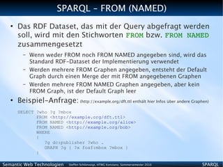 SPARQL – FROM (NAMED)
   ●
       Das RDF Dataset, das mit der Query abgefragt werden
       soll, wird mit den Stichworten FROM bzw. FROM NAMED
       zusammengesetzt
         –   Wenn weder FROM noch FROM NAMED angegeben sind, wird das
             Standard RDF-Dataset der Implementierung verwendet
         –   Werden mehrere FROM Graphen angegeben, entsteht der Default
             Graph durch einen Merge der mit FROM angegebenen Graphen
         –   Werden mehrere FROM NAMED Graphen angegeben, aber kein
             FROM Graph, ist der Default Graph leer
   ●
       Beispiel-Anfrage: (http://example.org/dft.ttl enthält hier Infos über andere Graphen)
       SELECT ?who ?g ?mbox
              FROM <http://example.org/dft.ttl>
              FROM NAMED <http://example.org/alice>
              FROM NAMED <http://example.org/bob>
              WHERE
              {
                 ?g dc:publisher ?who .
                 GRAPH ?g { ?x foaf:mbox ?mbox }
              }

Semantic Web Technologien    Steffen Schlönvoigt, HTWG Konstanz, Sommersemester 2010     SPARQL
 
