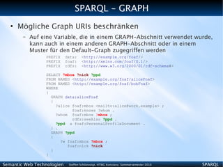 SPARQL - GRAPH
   ●
       Mögliche Graph URIs beschränken
        –   Auf eine Variable, die in einem GRAPH-Abschnitt verwendet wurde,
            kann auch in einem anderen GRAPH-Abschnitt oder in einem
            Muster für den Default-Graph zugegriffen werden
                 PREFIX     data:    <http://example.org/foaf/>
                 PREFIX     foaf:    <http://xmlns.com/foaf/0.1/>
                 PREFIX     rdfs:    <http://www.w3.org/2000/01/rdf-schema#>

                 SELECT ?mbox ?nick ?ppd
                 FROM NAMED <http://example.org/foaf/aliceFoaf>
                 FROM NAMED <http://example.org/foaf/bobFoaf>
                 WHERE
                 {
                   GRAPH data:aliceFoaf
                   {
                     ?alice foaf:mbox <mailto:alice@work.example> ;
                            foaf:knows ?whom .
                     ?whom foaf:mbox ?mbox ;
                            rdfs:seeAlso ?ppd .
                     ?ppd a foaf:PersonalProfileDocument .
                   } .
                   GRAPH ?ppd
                   {
                       ?w foaf:mbox ?mbox ;
                          foaf:nick ?nick
                   }
                 }

Semantic Web Technologien    Steffen Schlönvoigt, HTWG Konstanz, Sommersemester 2010   SPARQL
 