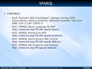 SPARQL

   ●
       Literatur:
        –   Buch “Semantic Web Grundlagen”, Springer Verlag 2008
            Pascal Hitzler, Markus Krötzsch, Sebastian Rudolph, York Sure
            ISBN: 978-3-540-33993-9
        –   W3C: SPARQL Query Language for RDF
            http://www.w3.org/TR/rdf-sparql-query/
        –   W3C: SPARQL Protocol for RDF
            http://www.w3.org/TR/rdf-sparql-protocol/
        –   W3C: SPARQL Query Results XML Format
            http://www.w3.org/TR/rdf-sparql-XMLres/
        –   W3C: SPARQL New Features and Rational
            http://www.w3.org/TR/sparql-features
        –




Semantic Web Technologien   Steffen Schlönvoigt, HTWG Konstanz, Sommersemester 2010   SPARQL
 