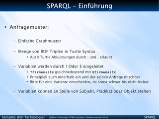 SPARQL - Einführung


 ●
     Anfragemuster:

      –   Einfache Graphmuster

      –   Menge von RDF Triplen in Turtle Syntax
              ●
                  Auch Turtle Abkürzungen durch ; und , erlaubt

      –   Variablen werden durch ? Oder $ eingeleitet
              ●   ?firmensitz gleichbedeutend mit $firmensitz
              ●
                  Prinzipiell auch innerhalb ein und der selben Anfrage mischbar
              ●
                  Bitte für eine Variante entscheiden, da sonst schwer bis nicht lesbar

      –   Variablen können an Stelle von Subjekt, Prädikat oder Objekt stehen




Semantic Web Technologien    Steffen Schlönvoigt, HTWG Konstanz, Sommersemester 2010   SPARQL
 