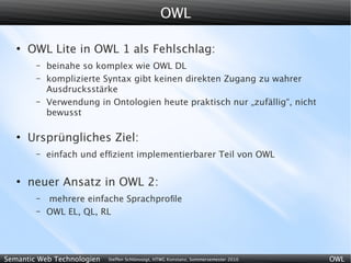 OWL

   ●
       OWL Lite in OWL 1 als Fehlschlag:
        –   beinahe so komplex wie OWL DL
        –   komplizierte Syntax gibt keinen direkten Zugang zu wahrer
            Ausdrucksstärke
        –   Verwendung in Ontologien heute praktisch nur „zufällig“, nicht
            bewusst

   ●
       Ursprüngliches Ziel:
        –   einfach und efﬁzient implementierbarer Teil von OWL

   ●
       neuer Ansatz in OWL 2:
        –   mehrere einfache Sprachproﬁle
        –   OWL EL, QL, RL




Semantic Web Technologien   Steffen Schlönvoigt, HTWG Konstanz, Sommersemester 2010   OWL
 