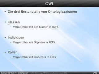 OWL
   ●
       Die drei Bestandteile von Ontologieaxiomen


   ●
       Klassen
        –   Vergleichbar mit den Klassen in RDFS



   ●
       Individuen
        –   Vergleichbar mit Objekten in RDFS


   ●
       Rollen
        –   Vergleichbar mit Properties in RDFS




Semantic Web Technologien   Steffen Schlönvoigt, HTWG Konstanz, Sommersemester 2010   OWL
 