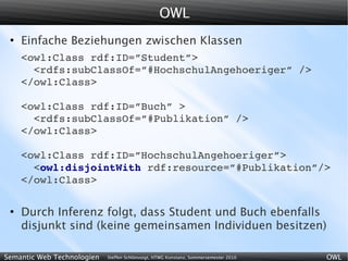 OWL
 ●
     Einfache Beziehungen zwischen Klassen
     <owl:Class rdf:ID=”Student”>
       <rdfs:subClassOf=”#HochschulAngehoeriger” />
     </owl:Class>

     <owl:Class rdf:ID=”Buch” >
       <rdfs:subClassOf=”#Publikation” />
     </owl:Class>

     <owl:Class rdf:ID=”HochschulAngehoeriger”>
       <owl:disjointWith rdf:resource=”#Publikation”/>
     </owl:Class>

 ●
     Durch Inferenz folgt, dass Student und Buch ebenfalls
     disjunkt sind (keine gemeinsamen Individuen besitzen)

Semantic Web Technologien   Steffen Schlönvoigt, HTWG Konstanz, Sommersemester 2010   OWL
 
