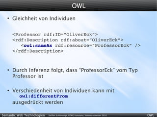 OWL
   ●
       Gleichheit von Individuen


       <Professor rdf:ID=”OliverEck”>
       <rdf:Description rdf:about=”OliverEck”>
          <owl:sameAs rdf:resource=”ProfessorEck” />
       </rdf:Description>


   ●
       Durch Inferenz folgt, dass “ProfessorEck” vom Typ
       Professor ist

   ●
       Verschiedenheit von Individuen kann mit
          owl:differentFrom
       ausgedrückt werden

Semantic Web Technologien   Steffen Schlönvoigt, HTWG Konstanz, Sommersemester 2010   OWL
 