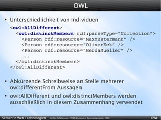 OWL
 ●
     Unterschiedlichkeit von Individuen
     <owl:AllDifferent>
       <owl:distinctMembers rdf:parseType=”Collection”>
         <Person rdf:resource=”MaxMustermann” />
         <Person rdf:resource=”OliverEck” />
         <Person rdf:resource=”GerdaMueller” />
         ...
       </owl:distinctMembers>
     </owl:AllDifferent>

 ●
     Abkürzende Schreibweise an Stelle mehrerer
     owl:differentFrom Aussagen
 ●
     owl:AllDifferent und owl:distinctMembers werden
     ausschließlich in diesem Zusammenhang verwendet

Semantic Web Technologien   Steffen Schlönvoigt, HTWG Konstanz, Sommersemester 2010   OWL
 