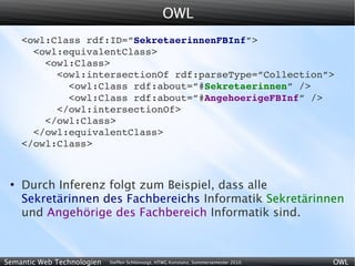 OWL
     <owl:Class rdf:ID=”SekretaerinnenFBInf”>
       <owl:equivalentClass>
         <owl:Class>
           <owl:intersectionOf rdf:parseType=”Collection”>
             <owl:Class rdf:about=”#Sekretaerinnen” />
             <owl:Class rdf:about=”#AngehoerigeFBInf” />
           </owl:intersectionOf>
         </owl:Class>
       </owl:equivalentClass>
     </owl:Class>



 ●
     Durch Inferenz folgt zum Beispiel, dass alle
     Sekretärinnen des Fachbereichs Informatik Sekretärinnen
     und Angehörige des Fachbereich Informatik sind.



Semantic Web Technologien   Steffen Schlönvoigt, HTWG Konstanz, Sommersemester 2010   OWL
 