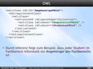 OWL
     <owl:Class rdf:ID=”AngehoerigeFBInf”>
       <owl:equivalentClass>
         <owl:Class>
           <owl:unionOf rdf:parseType=”Collection”>
             <owl:Class rdf:about=”#AngestellteFBInf” />
             <owl:Class rdf:about=”#StudentenFBInf” />
           </owl:unionOf>
         </owl:Class>
       </owl:equivalentClass>
     </owl:Class>



 ●
     Durch Inferenz folgt zum Beispiel, dass jeder Student im
     Fachbereich Informatik ein Angehöriger des Fachbereichs
     ist.



Semantic Web Technologien   Steffen Schlönvoigt, HTWG Konstanz, Sommersemester 2010   OWL
 