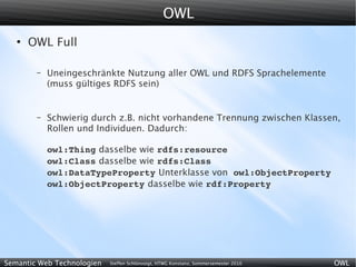 OWL
   ●
       OWL Full

        –   Uneingeschränkte Nutzung aller OWL und RDFS Sprachelemente
            (muss gültiges RDFS sein)


        –   Schwierig durch z.B. nicht vorhandene Trennung zwischen Klassen,
            Rollen und Individuen. Dadurch:

            owl:Thing dasselbe wie rdfs:resource
            owl:Class dasselbe wie rdfs:Class
            owl:DataTypeProperty Unterklasse von owl:ObjectProperty
            owl:ObjectProperty dasselbe wie rdf:Property




Semantic Web Technologien   Steffen Schlönvoigt, HTWG Konstanz, Sommersemester 2010   OWL
 