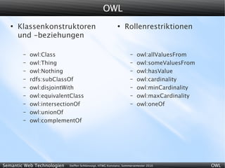 OWL
   ●
       Klassenkonstruktoren                                ●
                                                                Rollenrestriktionen
       und -beziehungen

        –   owl:Class                                               –   owl:allValuesFrom
        –   owl:Thing                                               –   owl:someValuesFrom
        –   owl:Nothing                                             –   owl:hasValue
        –   rdfs:subClassOf                                         –   owl:cardinality
        –   owl:disjointWith                                        –   owl:minCardinality
        –   owl:equivalentClass                                     –   owl:maxCardinality
        –   owl:intersectionOf                                      –   owl:oneOf
        –   owl:unionOf
        –   owl:complementOf




Semantic Web Technologien   Steffen Schlönvoigt, HTWG Konstanz, Sommersemester 2010          OWL
 