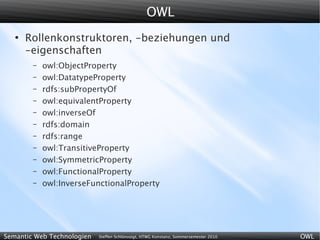 OWL
   ●
       Rollenkonstruktoren, -beziehungen und
       -eigenschaften
        –   owl:ObjectProperty
        –   owl:DatatypeProperty
        –   rdfs:subPropertyOf
        –   owl:equivalentProperty
        –   owl:inverseOf
        –   rdfs:domain
        –   rdfs:range
        –   owl:TransitiveProperty
        –   owl:SymmetricProperty
        –   owl:FunctionalProperty
        –   owl:InverseFunctionalProperty




Semantic Web Technologien   Steffen Schlönvoigt, HTWG Konstanz, Sommersemester 2010   OWL
 