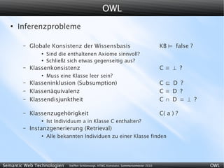 OWL
   ●
       Inferenzprobleme

        –   Globale Konsistenz der Wissensbasis                                        KB  false ?
                ●
                    Sind die enthaltenen Axiome sinnvoll?
                ●
                    Schließt sich etwas gegenseitig aus?
        –   Klassenkonsistenz                                                          C≡  ?
                ●
                    Muss eine Klasse leer sein?
        –   Klasseninklusion (Subsumption)                                             C D ?
        –   Klassenäquivalenz                                                          C≡ D ?
        –   Klassendisjunktheit                                                        C D = ⊥ ?

        –   Klassenzugehörigkeit                                                       C( a ) ?
                ●
                    Ist Individuum a in Klasse C enthalten?
        –   Instanzgenerierung (Retrieval)
                ●
                    Alle bekannten Individuen zu einer Klasse finden




Semantic Web Technologien    Steffen Schlönvoigt, HTWG Konstanz, Sommersemester 2010                  OWL
 