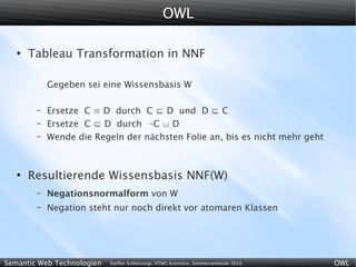 OWL

   ●
       Tableau Transformation in NNF

            Gegeben sei eine Wissensbasis W

        –   Ersetze C ≡ D durch C  D und D  C
        –   Ersetze C  D durch ¬C  D
        –   Wende die Regeln der nächsten Folie an, bis es nicht mehr geht



   ●
       Resultierende Wissensbasis NNF(W)
        –   Negationsnormalform von W
        –   Negation steht nur noch direkt vor atomaren Klassen




Semantic Web Technologien   Steffen Schlönvoigt, HTWG Konstanz, Sommersemester 2010   OWL
 