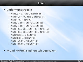 OWL
   ●
       Umformungsregeln
        –   NNF(C) = C, falls C atomar ist
        –   NNF(¬C) = ¬C, falls C atomar ist
        –   NNF(¬¬C) = NNF(C)
        –   NNF(C  D) = NNF(C)  NNF(D)
        –   NNF(C  D) = NNF(C)  NNF(D)
        –   NNF(¬(C  D)) = NNF(¬C)  NNF(¬D)
        –   NNF(¬(C  D)) = NNF(¬C)  NNF(¬D)
        –   NNF(R.C) =  R.NNF(C)
        –   NNF(R.C) =  R.NNF(C)
        –   NNF(¬R.C) = R.NNF(¬C)
        –   NNF(¬R.C) = R.NNF(¬C)

   ●
       W und NNF(W) sind logisch äquivalent.


Semantic Web Technologien   Steffen Schlönvoigt, HTWG Konstanz, Sommersemester 2010   OWL
 