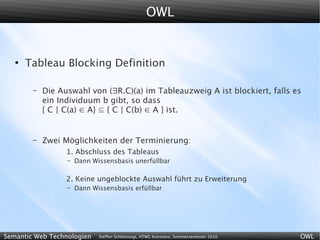 OWL


   ●
       Tableau Blocking Definition

        –   Die Auswahl von (∃R.C)(a) im Tableauzweig A ist blockiert, falls es
            ein Individuum b gibt, so dass
            { C | C(a) ∈ A} ⊆ { C | C(b) ∈ A } ist.


        –   Zwei Möglichkeiten der Terminierung:
                  1. Abschluss des Tableaus
                  –   Dann Wissensbasis unerfüllbar

                  2. Keine ungeblockte Auswahl führt zu Erweiterung
                  –   Dann Wissensbasis erfüllbar




Semantic Web Technologien    Steffen Schlönvoigt, HTWG Konstanz, Sommersemester 2010   OWL
 