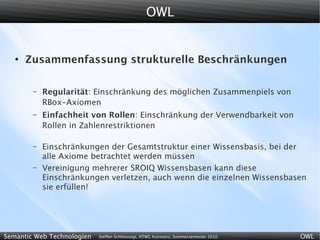 OWL


   ●
       Zusammenfassung strukturelle Beschränkungen

        –   Regularität: Einschränkung des möglichen Zusammenpiels von
            RBox-Axiomen
        –   Einfachheit von Rollen: Einschränkung der Verwendbarkeit von
            Rollen in Zahlenrestriktionen

        –   Einschränkungen der Gesamtstruktur einer Wissensbasis, bei der
            alle Axiome betrachtet werden müssen
        –   Vereinigung mehrerer SROIQ Wissensbasen kann diese
            Einschränkungen verletzen, auch wenn die einzelnen Wissensbasen
            sie erfüllen!




Semantic Web Technologien   Steffen Schlönvoigt, HTWG Konstanz, Sommersemester 2010   OWL
 