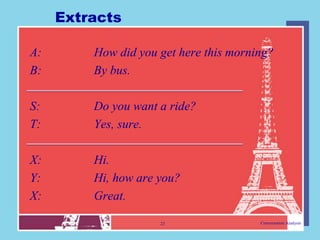 Extracts

A:       How did you get here this morning?
B:       By bus.

S:       Do you want a ride?
T:       Yes, sure.

X:       Hi.
Y:       Hi, how are you?
X:       Great.

                     23                 Conversation Analysis
 