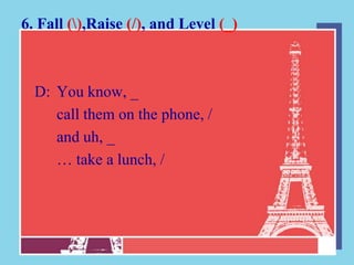 6. Fall (),Raise (/), and Level (_)



  D: You know, _
     call them on the phone, /
     and uh, _
     … take a lunch, /
 