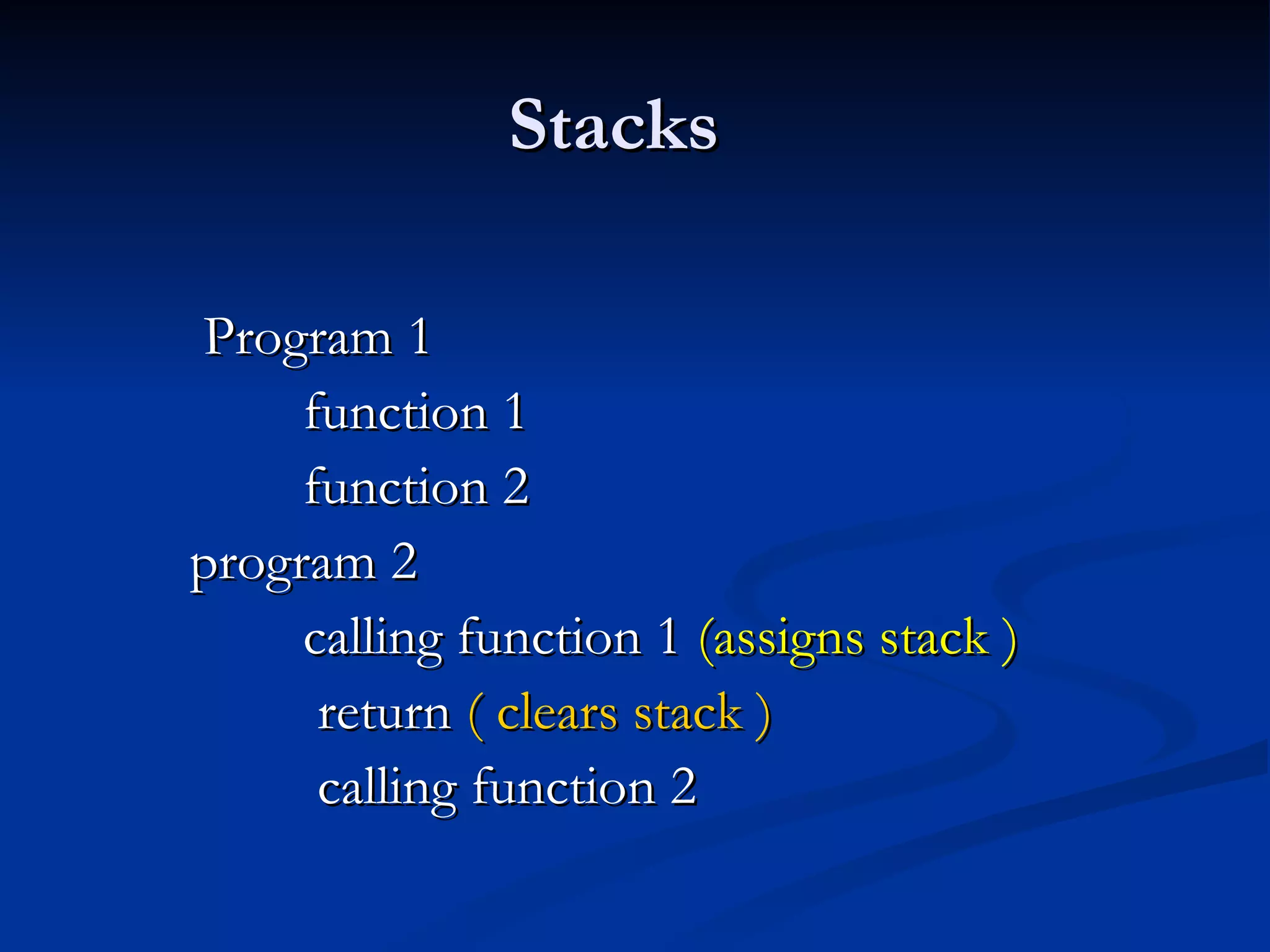 Stacks Program 1  function 1  function 2  program 2  calling function 1  (assigns stack )  return  ( clears stack )  calling function 2  