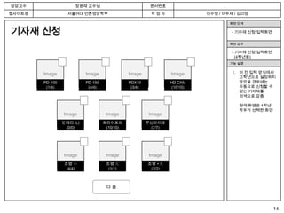 담당교수                   장윤재 교수님                           문서번호
웹사이트명              서울여대 언론영상학부                           작성자                이수영 / 이우제 / 김미영

                                                                                    화면 단계

기자재 신청                                                                               - 기자재 신청 입력화면

                                                                                    화면 요약

                                                                                     - 기자재 신청 입력화면
                                                                                       (4학년용)
                                                                                    기능 설명


        Image              Image               Image             Image               1. 이 전 입력 양식에서
                                                                                        고학년으로 설정하지
        PD-100             PD-150              PDX10             HD CAM                 않았을 경우에는
         (1/4)              (4/4)               (3/4)             (10/10)               자동으로 신청할 수
                                                                                        없는 기자재를
                                                                                        회색으로 감춤

                                                                                       현재 화면은 4학년
                                                                                       학우가 선택한 화면
                 Image               Image              Image
                 밧데리 (L)            트라이포드               무선마이크
                  (0/0)              (10/10)             (7/7)




                 Image               Image               Image
                  조명 小               조명 大               조명 +大
                   (4/4)              (1/1)              (2/2)



                                     다음



                                                                                                     14
 