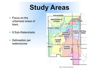 Study Areas
 Focus on the
urbanized areas of
town.
 9 Sub-Watersheds
 Delineation per
watercourse
 