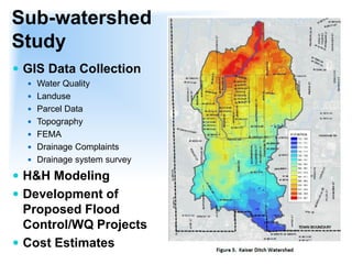 Sub-watershed
Study
 GIS Data Collection
 Water Quality
 Landuse
 Parcel Data
 Topography
 FEMA
 Drainage Complaints
 Drainage system survey
 H&H Modeling
 Development of
Proposed Flood
Control/WQ Projects
 Cost Estimates
 