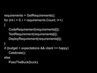 requirements = GetRequirements();
for (int i = 0; i < requirements.Count; i++)
{
    CodeRequirement(requirements[i]);
    TestRequirement(requirements[i]);
    DeployRequirement(requirements[i]);
}
if (budget > expectations && client == happy)
    Celebrate();
else
    PassTheBuck(buck);
 