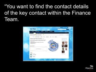 “You want to find the contact details
of the key contact within the Finance
Team.
 