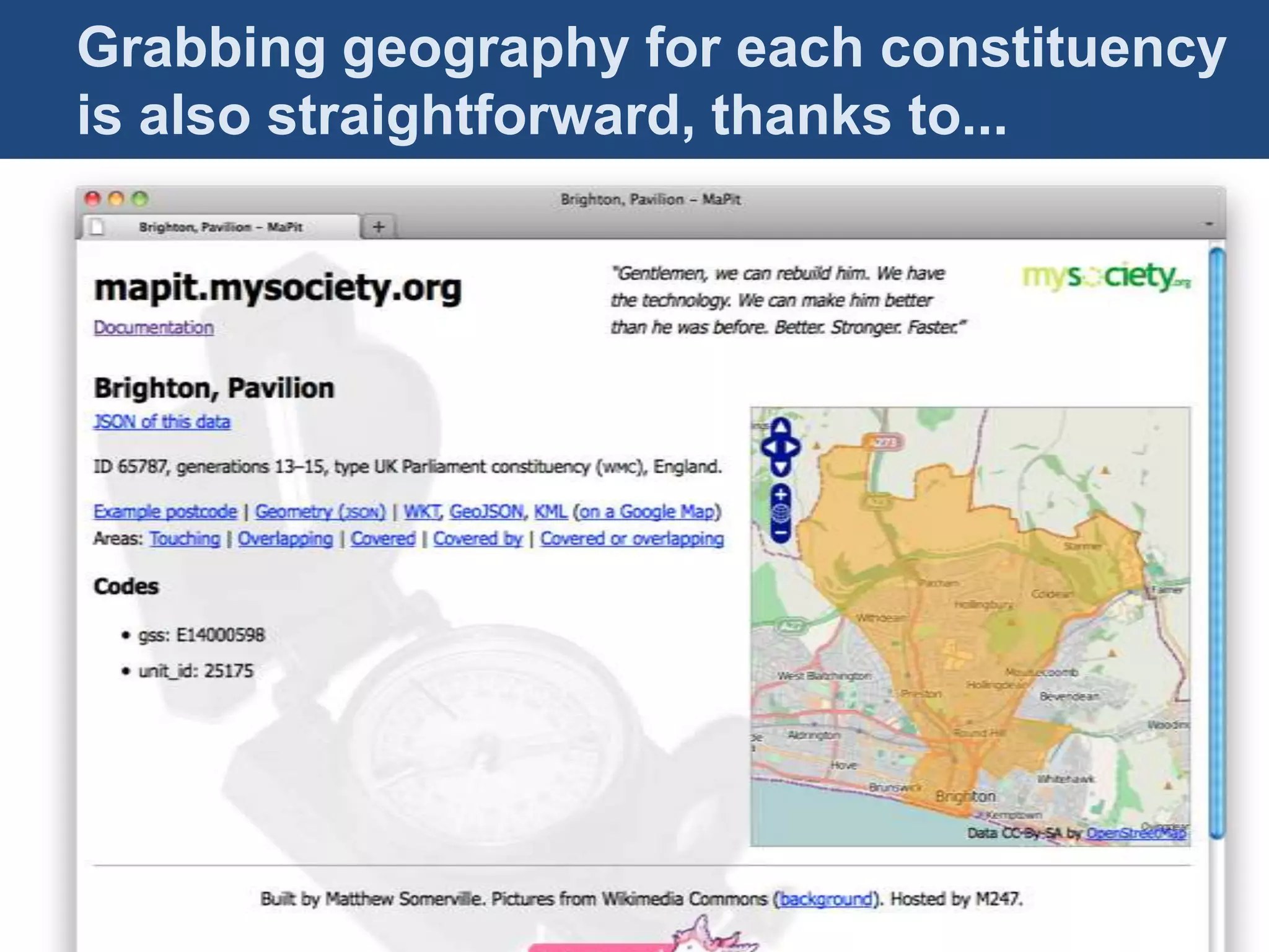 Grabbing geography for each constituency
is also straightforward, thanks to...
Mapping advocacy: Recipe 2


• Group advocates by
  constituency!
 