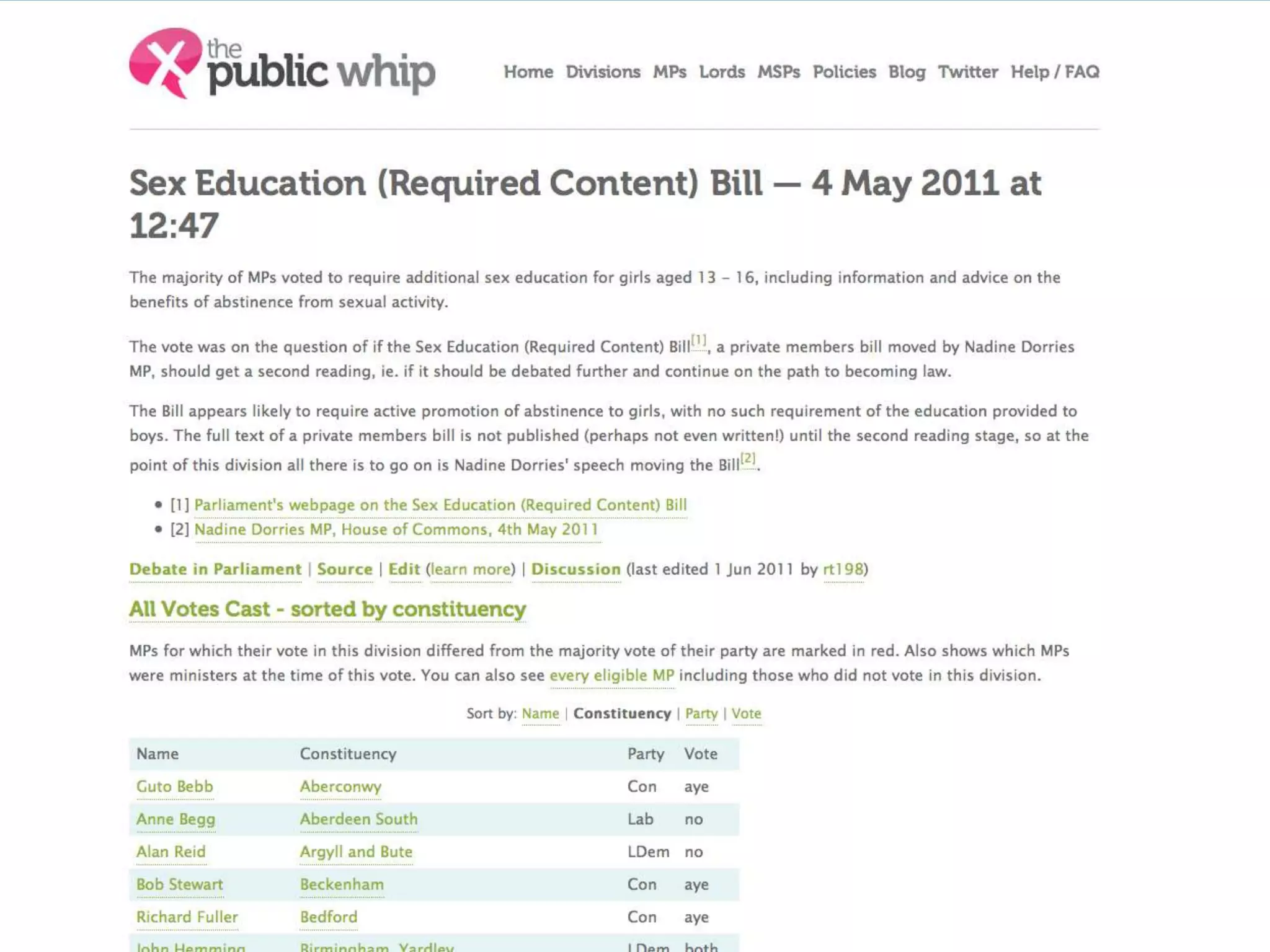 Mapping impact
• Showing MP support for a campaign –
  intentions to vote or how they voted
  – Public Whip
  – Excel spreadsheet
  – Convert votes to numbers e.g. absent = -1, no = 0,
    aye = 1
  – TheyWorkForYou API constitency geo data CSV
  – Google Fusion Tables
     • Vizualize > Map > Configure styles
 