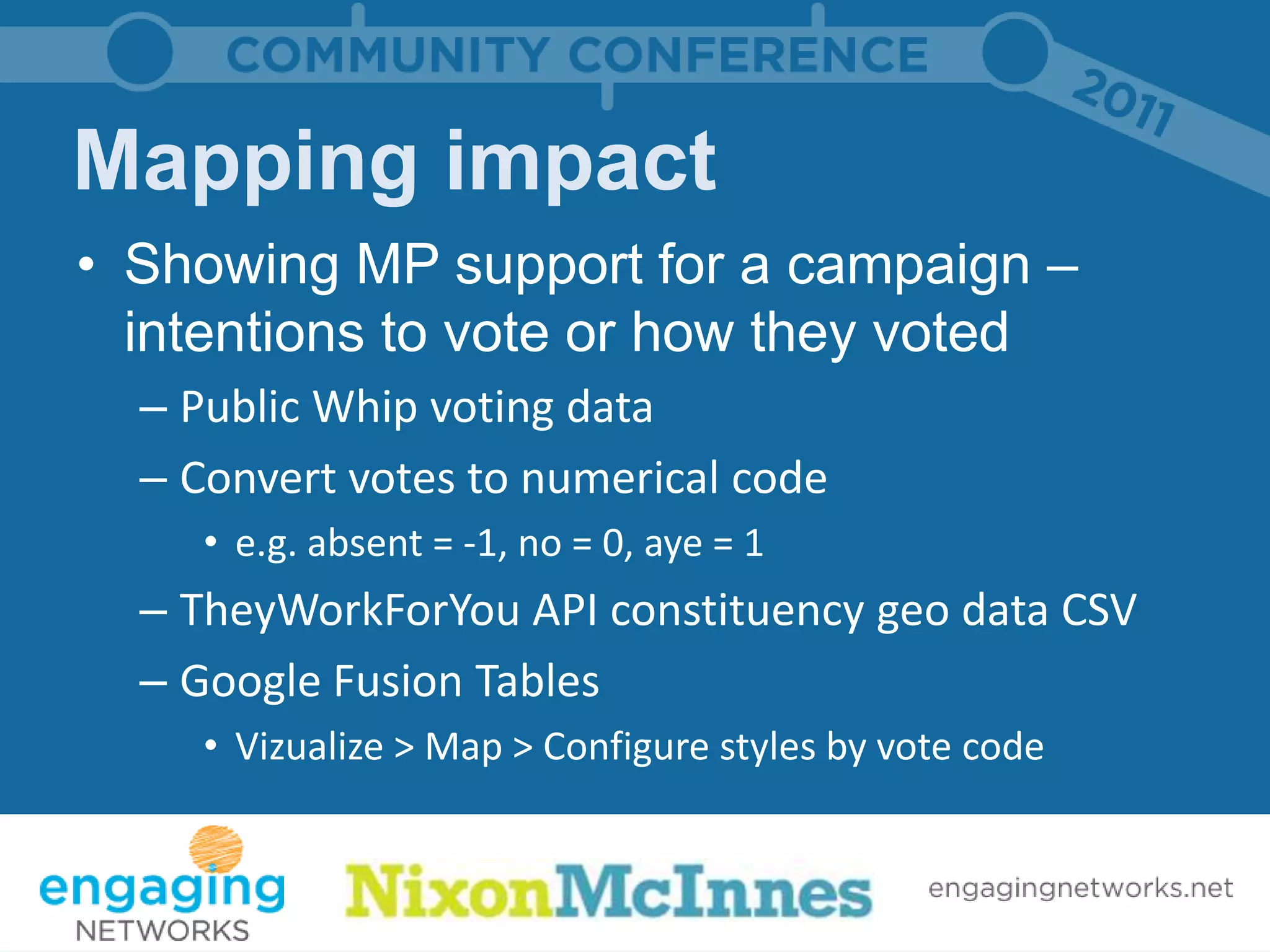 Mapping impact
• Showing MP support for a campaign –
  intentions to vote or how they voted
  – Public Whip voting data
  – Convert votes to numerical code
     • e.g. absent = -1, no = 0, aye = 1
  – TheyWorkForYou API constituency geo data CSV
  – Google Fusion Tables
     • Vizualize > Map > Configure styles by vote code
 
