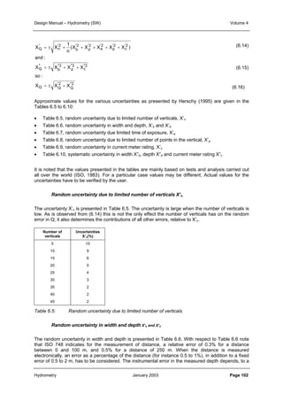 Design Manual – Hydrometry (SW) Volume 4 
(6.14) 
(6.15) 
(6.16) 
1 
= ± + + + + + 
(X X X X X ) 
n 
2 
d 
X X 
and : 
= ± + + 
X X X X 
2 
Q 
2'n 
2 b 
'2 
' 
Q 
 
Q 
so : 
= ± + 
X X X 
Q Q 
2 
c 
'2 
c 
2'p 
'2 
e 
'2 
d 
2'b 
Approximate values for the various uncertainties as presented by Herschy (1995) are given in the 
Tables 6.5 to 6.10: 
• Table 6.5, random uncertainty due to limited number of verticals, X’n 
• Table 6.6, random uncertainty in width and depth, X’b and X’d 
• Table 6.7, random uncertainty due limited time of exposure, X’e 
• Table 6.8, random uncertainty due to limited number of points in the vertical, X’p 
• Table 6.9, random uncertainty in current meter rating, X’c 
• Table 6.10, systematic uncertainty in width X”b, depth X”d and current meter rating X”c 
It is noted that the values presented in the tables are mainly based on tests and analysis carried out 
all over the world (ISO, 1983). For a particular case values may be different. Actual values for the 
uncertainties have to be verified by the user. 
Random uncertainty due to limited number of verticals X’n 
The uncertainty X’n is presented in Table 6.5. The uncertainty is large when the number of verticals is 
low. As is observed from (6.14) this is not the only effect the number of verticals has on the random 
error in Q; it also determines the contributions of all other errors, relative to X’n. 
Number of 
verticals 
Uncertainties 
X’n(%) 
5 
10 
15 
20 
25 
30 
35 
40 
45 
15 
9 
6 
5 
4 
3 
2 
2 
2 
Table 6.5: Random uncertainty due to limited number of verticals 
Random uncertainty in width and depth X’b and X’d 
The random uncertainty in width and depth is presented in Table 6.6. With respect to Table 6.6 note 
that ISO 748 indicates for the measurement of distance, a relative error of 0.3% for a distance 
between 0 and 100 m, and 0.5% for a distance of 250 m. When the distance is measured 
electronically, an error as a percentage of the distance (for instance 0.5 to 1%), in addition to a fixed 
error of 0.5 to 2 m, has to be considered. The instrumental error in the measured depth depends, to a 
Hydrometry January 2003 Page 102 
 
