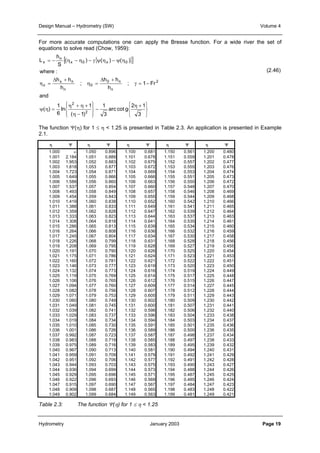 Design Manual – Hydrometry (SW) Volume 4 
For more accurate computations one can apply the Bresse function. For a wide river the set of 
equations to solve read (Chow, 1959): 
[ { }] 
γ = − 
( ) ( ) ( ) 
x 0 x 0 
; 1 Fr 
   
   
η + 
h 
n 
= − η − η − γ ψ η − ψ η 
η = 
− 
0 
 
  
L 
x 
where : 
S 
Δ + 
h h 
x n 
n 
 
  
; 
2 
η + η + 
η − 
η = 
x 
and 
ψ η = 
Δ + 
2 1 
3 
h h 
1 
0 n 
h 
n 
arc cot g 
3 
( 1) 
1 
1 
h 
ln 
6 
( ) 
2 
2 
(2.46) 
The function Ψ(η) for 1 ≤ η < 1.25 is presented in Table 2.3. An application is presented in Example 
2.1. 
η Ψ η Ψ η Ψ η Ψ η Ψ 
1.000 ∞ 1.050 0.896 1.100 0.681 1.150 0.561 1.200 0.480 
1.001 2.184 1.051 0.889 1.101 0.678 1.151 0.559 1.201 0.478 
1.002 1.953 1.052 0.883 1.102 0.675 1.152 0.557 1.202 0.477 
1.003 1.818 1.053 0.877 1.103 0.672 1.153 0.555 1.203 0.476 
1.004 1.723 1.054 0.871 1.104 0.669 1.154 0.553 1.204 0.474 
1.005 1.649 1.055 0.866 1.105 0.666 1.155 0.551 1.205 0.473 
1.006 1.588 1.056 0.860 1.106 0.663 1.156 0.550 1.206 0.472 
1.007 1.537 1.057 0.854 1.107 0.660 1.157 0.548 1.207 0.470 
1.008 1.493 1.058 0.849 1.108 0.657 1.158 0.546 1.208 0.469 
1.009 1.454 1.059 0.843 1.109 0.655 1.159 0.544 1.209 0.468 
1.010 1.419 1.060 0.838 1.110 0.652 1.160 0.542 1.210 0.466 
1.011 1.388 1.061 0.833 1.111 0.649 1.161 0.541 1.211 0.465 
1.012 1.359 1.062 0.828 1.112 0.647 1.162 0.539 1.212 0.464 
1.013 1.333 1.063 0.823 1.113 0.644 1.163 0.537 1.213 0.463 
1.014 1.308 1.064 0.818 1.114 0.641 1.164 0.535 1.214 0.461 
1.015 1.286 1.065 0.813 1.115 0.639 1.165 0.534 1.215 0.460 
1.016 1.264 1.066 0.808 1.116 0.636 1.166 0.532 1.216 0.459 
1.017 1.245 1.067 0.804 1.117 0.634 1.167 0.530 1.217 0.458 
1.018 1.226 1.068 0.799 1.118 0.631 1.168 0.528 1.218 0.456 
1.019 1.208 1.069 0.795 1.119 0.628 1.169 0.527 1.219 0.455 
1.020 1.191 1.070 0.790 1.120 0.626 1.170 0.525 1.220 0.454 
1.021 1.175 1.071 0.786 1.121 0.624 1.171 0.523 1.221 0.453 
1.022 1.160 1.072 0.781 1.122 0.621 1.172 0.522 1.222 0.451 
1.023 1.146 1.073 0.777 1.123 0.619 1.173 0.520 1.223 0.450 
1.024 1.132 1.074 0.773 1.124 0.616 1.174 0.519 1.224 0.449 
1.025 1.119 1.075 0.769 1.125 0.614 1.175 0.517 1.225 0.448 
1.026 1.106 1.076 0.765 1.126 0.612 1.176 0.515 1.226 0.447 
1.027 1.094 1.077 0.760 1.127 0.609 1.177 0.514 1.227 0.445 
1.028 1.082 1.078 0.756 1.128 0.607 1.178 0.512 1.228 0.444 
1.029 1.071 1.079 0.753 1.129 0.605 1.179 0.511 1.229 0.443 
1.030 1.060 1.080 0.749 1.130 0.602 1.180 0.509 1.230 0.442 
1.031 1.049 1.081 0.745 1.131 0.600 1.181 0.507 1.231 0.441 
1.032 1.039 1.082 0.741 1.132 0.598 1.182 0.506 1.232 0.440 
1.033 1.029 1.083 0.737 1.133 0.596 1.183 0.504 1.233 0.438 
1.034 1.019 1.084 0.734 1.134 0.594 1.184 0.503 1.234 0.437 
1.035 1.010 1.085 0.730 1.135 0.591 1.185 0.501 1.235 0.436 
1.036 1.001 1.086 0.726 1.136 0.589 1.186 0.500 1.236 0.435 
1.037 0.992 1.087 0.723 1.137 0.587 1.187 0.498 1.237 0.434 
1.038 0.983 1.088 0.719 1.138 0.585 1.188 0.497 1.238 0.433 
1.039 0.975 1.089 0.716 1.139 0.583 1.189 0.495 1.239 0.432 
1.040 0.967 1.090 0.713 1.140 0.581 1.190 0.494 1.240 0.431 
1.041 0.959 1.091 0.709 1.141 0.579 1.191 0.492 1.241 0.429 
1.042 0.951 1.092 0.706 1.142 0.577 1.192 0.491 1.242 0.428 
1.043 0.944 1.093 0.703 1.143 0.575 1.193 0.490 1.243 0.427 
1.044 0.936 1.094 0.699 1.144 0.573 1.194 0.488 1.244 0.426 
1.045 0.929 1.095 0.696 1.145 0.571 1.195 0.487 1.245 0.425 
1.046 0.922 1.096 0.693 1.146 0.569 1.196 0.485 1.246 0.424 
1.047 0.915 1.097 0.690 1.147 0.567 1.197 0.484 1.247 0.423 
1.048 0.909 1.098 0.687 1.148 0.565 1.198 0.483 1.248 0.422 
1.049 0.902 1.099 0.684 1.149 0.563 1.199 0.481 1.249 0.421 
Table 2.3: The function Ψ(η) for 1 ≤ η < 1.25 
Hydrometry January 2003 Page 19 
 