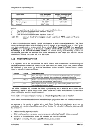 Design Manual – Hydrometry (SW) Volume 4 
Type of region Range of norms for 
minimum network 
Range of provisional norms 
tolerated in1 difficult 
conditions 
I. Flat regions 1,000 - 2,000 3,000 - 10,000 
II. Mountainous regions 300 - 1,0002 1,000 - 5,000 
III. Arid zones3 5,0004 - 20,000 ------------------ 
NOTES: 
1. Last figure in the range should be tolerated only for exceptionally difficult conditions; 
2. Under very difficult conditions this may be extended up to 10000 km2; 
3. Great deserts are not included; 
4. Under very difficult conditions this may be extended up to 10000 km2. 
Table 3.1: Minimum density of hydrological network according to WMO, area in km2 for one 
station 
It is not possible to provide specific, general guidelines on an appropriate network density. The WMO 
recommendations are very general guidelines which if adopted at face value for some of India’s larger 
river basins could result in an excessively dense network. Even though the WMO type guidelines 
might be used as rough rule of thumb as part of an initial network appraisal, their use in the 
final design of the network should be avoided. The network density must ultimately be based on 
the network objectives, the temporal and spatial variability of river stages and flow and on the 
availability of finance, manpower and other resources. 
3.3.2 PRIORITISATION SYSTEM 
It is suggested that in the first instance the “ideal” network size is determined. In determining the 
network all potential users of the data should be consulted. Each station in the “ideal” network should 
be prioritised. In order to do this a simple prioritisation system is useful. This prioritisation system 
could be a simple one such as follows: 
Category Priority Relative Importance 
A High Major, multi-purpose water resources development site, State boundary river, operation of 
major scheme, major ungauged basin, heavily polluted major water supply source 
B Medium Medium scale water resources development project site, secondary basin, industrial 
development area, i.e. potential water quality problems) 
C Low Minor irrigation project site, secondary gauging station on tertiary tributary, major water 
course but already extensively gauged 
The above categories and priorities are merely highlighted by way of example. Each State/Central 
organisation needs to set its own priorities based on its own policies and objectives. In prioritising 
sites, the following questions should be asked: 
What are the socio-economic consequences of not collecting streamflow data at the site? 
What are the alternatives to establishing a streamflow gauging station at the site under consideration? 
An estimate of the number of stations within each State, Division and Sub-division which can be 
realistically well maintained should be made. When deriving this estimate, the following factors should 
be considered: 
• The recurrent budget implications; 
• Short and longer term manpower requirements and availability of suitably skilled personnel; 
• Capacity of instrument repair, spare part provision and calibration facilities; 
• Long term availability of logistic support facilities such as vehicles. 
Hydrometry January 2003 Page 25 
 