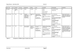 Design Manual – Hydrometry (SW) Volume 4 
Sensor Type S W Recorder Accuracy Maintenance Staffing Costs Advantages Disadvantages Applications 
Staff gauge No Manual - 
paper and 
pen 
+/- 0.005 m Simple Low level Low Simple 
Robust 
Easily understood 
Always required 
Hydrometry January 2003 Page 67 
No continuous record 
Manually read 
All 
Float - Drum type Yes Chart +/- 0.02m Should be 
straightforward but 
seems to be a 
problem. Stilling 
well requires 
regular desilting 
Relatively low 
level 
Cost of recorder 
relatively low. High 
capital cost of stilling 
well 
Also stilling well 
maintenance costs 
Relatively simple and easy to 
understand; 
Widely used and available in 
India; 
On site record (chart trace); 
Should be relatively easy to 
maintain?? 
Cost of stilling well; 
Stilling well and intake prone to 
siltation; 
Resolution  accuracy limited by 
scale of chart (daily chart better 
than weekly) ; 
Data handling more time 
consuming than digital 
technology; 
Mechanical problems; 
Environmental - chart distortion 
(humidity) 
Where continuous record 
required: rivers - bank or bridge, 
reservoirs with limited level 
fluctuation, flow measurement 
structures. 
Float - Strip chart Yes Chart +/- 0.01 m More complicated 
than drum type 
Relatively low 
level but 
some training 
required 
More expensive than 
drum type. 
High capital cost of 
stilling well 
Also stilling well 
maintenance costs 
Relatively simple and easy to 
understand but more complex 
than drum type; 
Can run for several months 
unattended if required; 
Widely used and available in 
India; 
On site record (chart trace); 
Should be relatively easy to 
maintain?? 
Cost of stilling well; 
Stilling well and intake prone to 
siltation; 
Resolution  accuracy limited by 
scale of chart but better than 
drum type; 
Data handling more time 
consuming than digital 
technology; 
Mechanical problems; 
Environmental - chart distortion 
(humidity) 
Where continuous record 
required: rivers - bank or bridge, 
reservoirs with limited level 
fluctuation, flow measurement 
structures. Used in preference to 
drum type when better 
resolution  accuracy required 
and/or longer period between 
visits 
Table 6.1: Comparison of different types of water level sensor 
 
