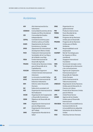 InfoRme SobRe el eStado del VoluntaRIado en el mundo 2011




                            acrónimos

                            AIV          año Internacional de los            ONG        organización no
                                         Voluntarios                                    gubernamental
                            CEDEAO       Comunidad económica de los          PIB        Producto interno bruto
                                         estados de África occidental        PMNU       Pacto mundial de las
                            CEI          Comunidad de estados                           naciones unidas
                                         Independientes                      PNUD       Programa de las naciones
                            CEPAL        Comisión económica para                        unidas para el desarrollo
                                         américa latina y el Caribe          PNUMA      Programa de las naciones
                            DAES         departamento de asuntos                        unidas para el medio
                                         económicos y Sociales                          ambiente
                            DFID         Department for International        RSE        Responsabilidad social
                                         Development (Reino unido)                      empresarial
                            FICR         federación Internacional de         SADNET     Red de tecnología para
                                         Sociedades de la Cruz Roja y                   las Sequías en África
                                         de la media luna Roja                          meridional
                            FIDA         fondo Internacional de              SIF        Singapore International
                                         desarrollo agrícola                            Foundation
                            FNUDC        fondo de las naciones unidas        SMS        Servicio de mensajes cortos
                                         para el desarrollo de la            TIC        tecnología de la información
                                         Capitalización                                 y las comunicaciones
                            FOCSIV       Federazione Organismi               TICA       agencia de Cooperación
                                         Cristiani Servizio Internazionale              Internacional para el
                                         Volontario                                     desarrollo de tailandia
                            GWP          la encuesta mundial Gallup          UE         unión europea
                            IAVE         asociación Internacional de         UIT        unión Internacional de
                                         esfuerzos Voluntarios                          telecomunicaciones
                            IDH          Informe sobre desarrollo            UNESCO     organización de las naciones
                                         Humano                                         unidas para la educación, la
                            ISC          Índice de la sociedad civil                    Ciencia y la Cultura
                            ISO          organización Internacional de       UNICEF     fondo de las naciones unidas
                                         normalización                                  para la Infancia
                            OCDE         organización de Cooperación         UPS        United Parcel Service
                                         y desarrollo económicos             USAID      agencia de los estados
                            ODM          objetivos de desarrollo del                    unidos para el desarrollo
                                         milenio                                        Internacional
                            OIM          organización Internacional          VIH/SIDA   Virus de la inmunodeficiencia
                                         para las migraciones                           humana/síndrome de
                            OIT          organización Internacional                     inmunodeficiencia adquirida
                                         del trabajo                         VNU        Voluntarios de las naciones
                            OMS          organización mundial de la                     unidas
                                         Salud                               VSO        Voluntary Services Overseas




xiv
 