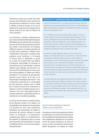 el VoluntaRIado, un fenómeno unIVeRSal




tratamiento y apoyo que resultan esenciales          RECUADRO 1.5 La Primavera Árabe: egipto en colores
para los más necesitados. estos servicios son
particularmente relevantes en zonas rurales          Tras el 25 de enero de 2011, un día en el que cientos de personas
y aisladas de todo el mundo, en las que el           protagonizaron protestas pacíficas en El Cairo, cinco licenciadas en
trabajo de las organizaciones religiosas tiene       bellas artes decidieron dirigirse a la multitud en el idioma en el que
efectos directos en las vidas de millones de         mejor se expresaban: el arte.
niños y familias”.14
                                                     El 11 de febrero, esas cinco jóvenes crearon sobre un muro un
las numerosas y variadas categorizaciones            sencillo grafiti que transmitía mensajes esperanzadores: “Con la
que se hacen del voluntariado plantean graves        ciencia y trabajando duro, las naciones progresan”, “Tafa’al” (sed
dificultades para la evaluación de su tamaño y       optimistas). Llenas de inspiración tras la respuesta positiva a su
alcance, y favorecen las percepciones erróneas       iniciativa, las jóvenes se dieron cuenta de que podían llegar a la
que rodean a este fenómeno. Sin embargo,             comunidad egipcia con un mensaje creativo, con el fin de marcar
reflejan la riqueza y la amplia naturaleza de        la diferencia utilizando el arte y el color en las calles.
la acción de los voluntarios. “Palabras como
“voluntariado” representan conceptos tanto           Las jóvenes artistas planearon pintar un muro enorme en
populares como científicos [...] a menudo            Maadi, un suburbio de El Cairo. Lo anunciaron a través de Twitter
se discute sobre su significado. la gente            y Facebook, invitando a la gente a que se uniera a ellas. Se
no se pone de acuerdo sobre qué debería              sorprendieron al ver el intenso apoyo que les brindó la comunidad
considerarse voluntariado. en ocasiones se           local. Ochenta y cinco voluntarios se añadieron a la iniciativa
usan términos como “voluntariado” a modo de          de pintar el muro, incluidas decenas de niños interesados. Los
etiquetas para catalogar a las personas y sus        miembros de la comunidad no solo fueron testigo del cambio que
actos con el fin de denigrarlas; en otros casos,     experimentaron las paredes adoptando colores nuevos y brillantes,
esas mismas palabras se utilizan para indicar        sino que también se involucraron en el proceso de limpiar la zona
aprobación”.15 en conjunto, las percepciones         a título voluntario.
descritas entran dentro de lo que se ha
denominado el “paradigma dominante”.16 una           Entusiasmadas por esta experiencia, las jóvenes decidieron crear
comprensión adecuada de la universalidad             un grupo que llamaron “Egipto en colores”. Este grupo cuenta ya
de este fenómeno requiere que la niebla              con 25 jóvenes miembros, mujeres y hombres, que tienen algo en
que envuelve la acción de los voluntarios se         común: su amor por Egipto y por el arte. Han puesto en marcha
disperse y revele el verdadero alcance de su         proyectos en diferentes escuelas y comunidades de El Cairo y se
contorno. una vez se haya determinado su             proponen llevar sus mensajes de inspiración y esperanza por todo
auténtica dimensión, será posible examinar su        Egipto.
contribución a los problemas globales.               Fuente: Teen Stuff magazine. (2011, August).


en el resto de este informe se utiliza el marco
de las naciones unidas en lo relativo a la
voluntad libre, las motivaciones no pecuniarias    PERCEPCIONES ERRÓNEAS COMUNES
y el beneficio de otros como parámetros            SOBRE EL VOLUNTARIADO
definidores del voluntariado. Se utilizan la
prestación de servicios oficiales, la ayuda        Se observa una serie de percepciones erróneas
mutua, la autoayuda y la participación             que dificultan una comprensión adecuada de
ciudadana para definir sus manifestaciones.        la universalidad del voluntariado, pese a haber
no obstante, es importante tener en cuenta         sido ampliamente rebatidas por un creciente
que la expresión del voluntariado no escapa        acervo de pruebas empíricas y de casos de
a la influencia de las circunstancias sociales y   los que se tiene conocimiento. esas ilusiones
culturales locales.                                deben desaparecer con objeto de revelar


                                                                                                                                       9
 