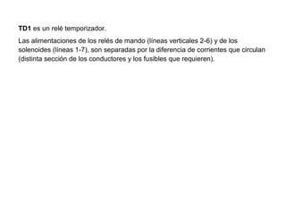 TD1 es un relé temporizador.
Las alimentaciones de los relés de mando (líneas verticales 2-6) y de los
solenoides (líneas 1-7), son separadas por la diferencia de corrientes que circulan
(distinta sección de los conductores y los fusibles que requieren).
 