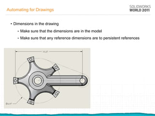 Automating for Drawings


 • Dimensions in the drawing
        Make sure that the dimensions are in the model
        Make sure that any reference dimensions are to persistent references
 