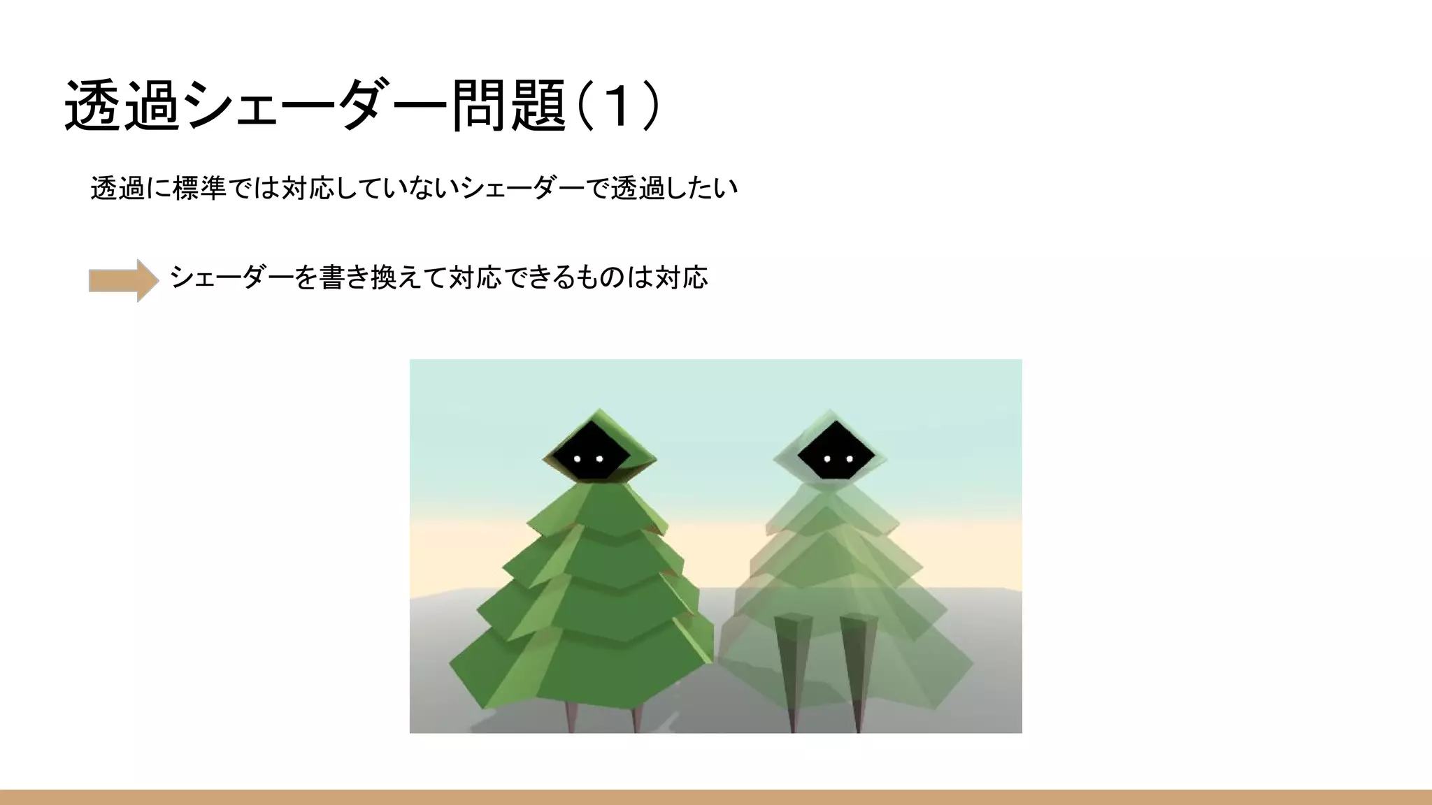 透過シェーダー問題（１）
シェーダーを書き換えて対応できるものは対応
透過に標準では対応していないシェーダーで透過したい
 