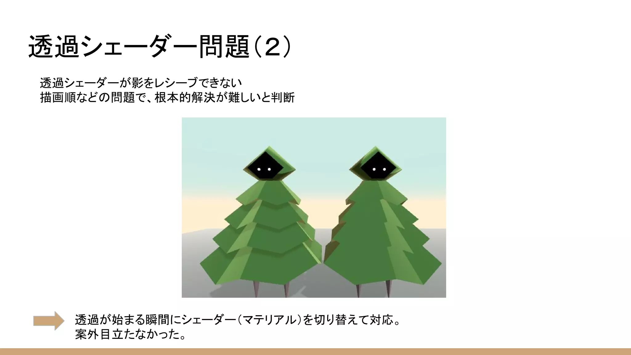 透過シェーダー問題（２）
透過シェーダーが影をレシーブできない
描画順などの問題で、根本的解決が難しいと判断
透過が始まる瞬間にシェーダー（マテリアル）を切り替えて対応。
案外目立たなかった。
 