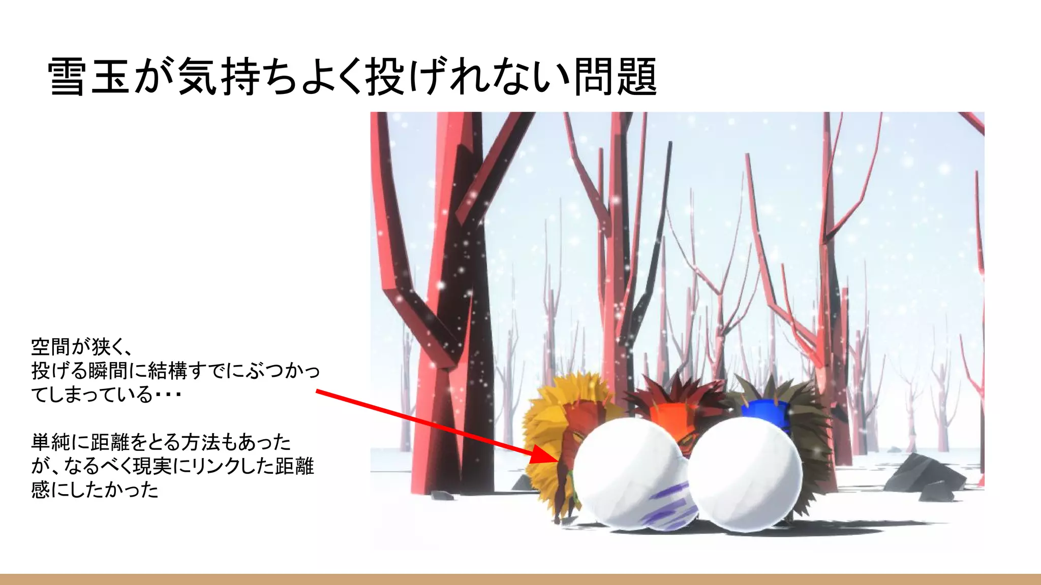 雪玉が気持ちよく投げれない問題
空間が狭く、
投げる瞬間に結構すでにぶつかっ
てしまっている・・・
単純に距離をとる方法もあった
が、なるべく現実にリンクした距離
感にしたかった
 