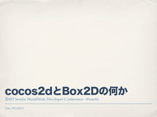 cocos2dとBox2Dの何か
第8回 Sendai WorldWide Developer Conference - @tototti

Date 2012/08/25
 