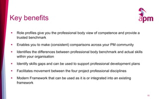 Key benefits
 Role profiles give you the professional body view of competence and provide a
trusted benchmark
 Enables you to make (consistent) comparisons across your PM community
 Identifies the differences between professional body benchmark and actual skills
within your organisation
 Identify skills gaps and can be used to support professional development plans
 Facilitates movement between the four project professional disciplines
 Modern Framework that can be used as it is or integrated into an existing
framework
15
 