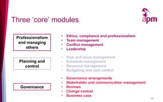 Three ‘core’ modules
Professionalism
and managing
others
Planning and
control
Governance
• Ethics, compliance and professionalism
• Team management
• Conflict management
• Leadership
• Risk and issue management
• Schedule management
• Resource management
• Budgeting and cost control
• Governance arrangements
• Stakeholder and communication management
• Reviews
• Change control
• Business case
24
 
