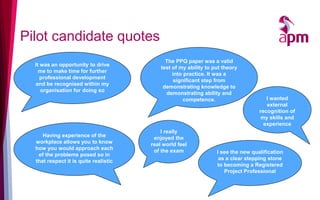Pilot candidate quotes
It was an opportunity to drive
me to make time for further
professional development
and be recognised within my
organisation for doing so
Having experience of the
workplace allows you to know
how you would approach each
of the problems posed so in
that respect it is quite realistic
I see the new qualification
as a clear stepping stone
to becoming a Registered
Project Professional
I wanted
external
recognition of
my skills and
experience
I really
enjoyed the
real world feel
of the exam
The PPQ paper was a valid
test of my ability to put theory
into practice. It was a
significant step from
demonstrating knowledge to
demonstrating ability and
competence.
 